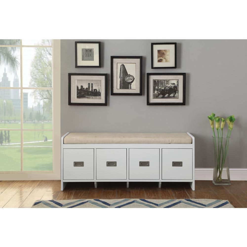 Berci White and Beige Upholstered Wooden Storage Bench