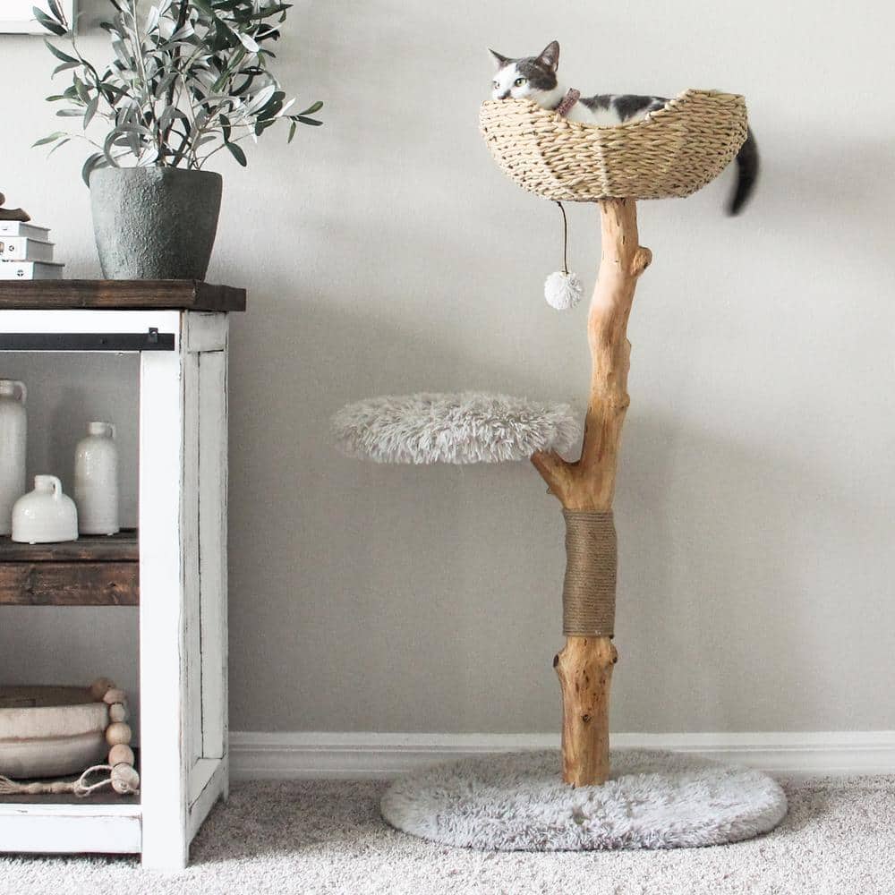 Modern Gray Sisal and Wood Cat Tree Tower