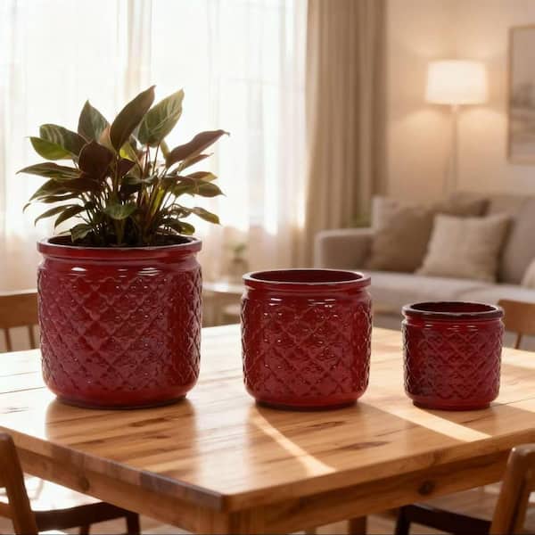 Set of 3 13 in. Flared Bean Paste Red Ceramic Flower Pot with Drainage-Frost Resistant Planter for Indoor Outdoor