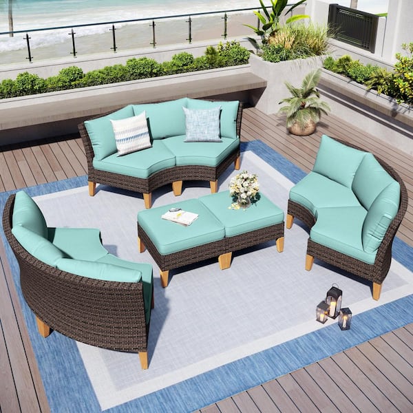 PHI VILLA Brown Rattan Wicker 8 Seat 8-Piece Steel Outdoor Patio Conversation Set with Blue Cushions