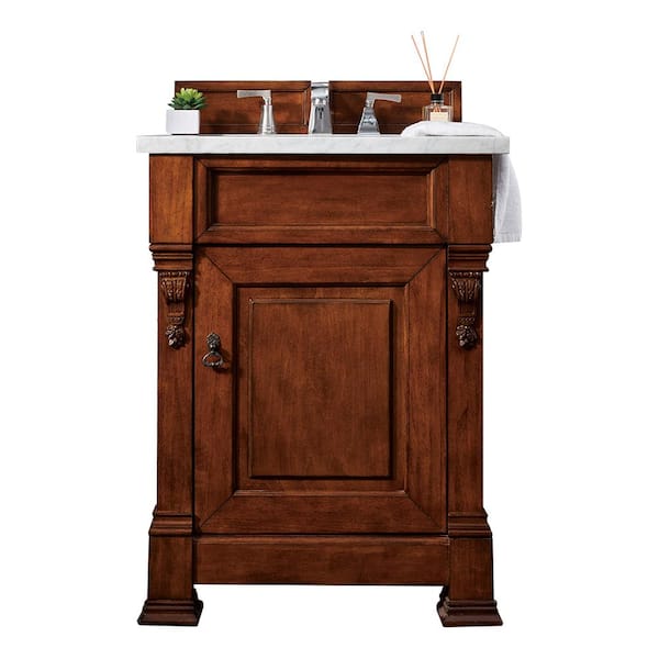 James Martin Vanities Brookfield 26 in. W x 23.5 in. D x 34.3 in. H Single Bath Vanity in Warm Cherry with Marble Top in Carrara White