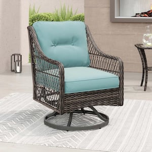 Vasconia Outdoor Hand-Woven Resin Wicker Swivel Chair with Blue Cushions