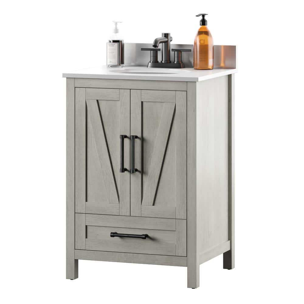 Rustic Oak Bathroom Vanity with White Stone Top and Basin