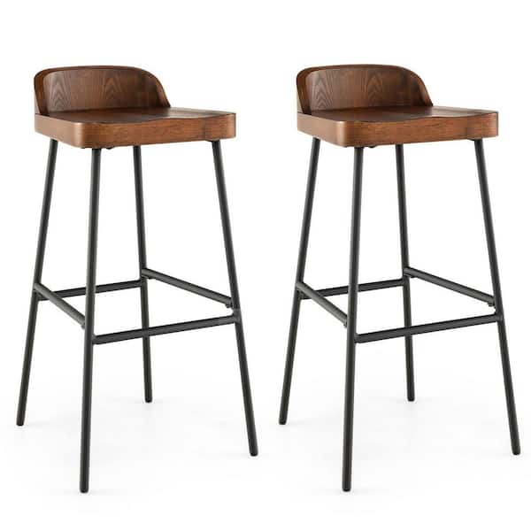 Gymax Set of 2 Industrial 29 in. Rustic Brown Low Back Metal Bar Stool Bar Height Saddle Seat Kitchen Stool
