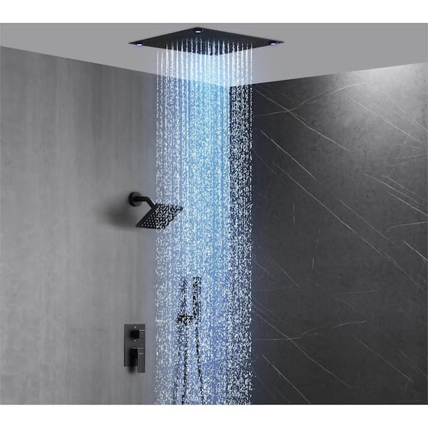Single Handle 5-Spray Shower Faucet 1.8 GPM 16 in. LED Square Ceiling Mounted with Pressure Balance in. Matte Black