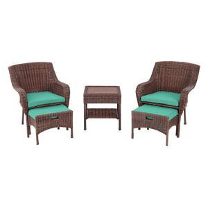 Cambridge 5-Piece Brown Wicker Outdoor Patio Conversation Seating Set with Sunbrella Denim Blue Cushions