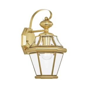 Cresthill 14 in. 1-Light Polished Brass Outdoor Hardwired Wall Lantern Sconce with No Bulbs Included