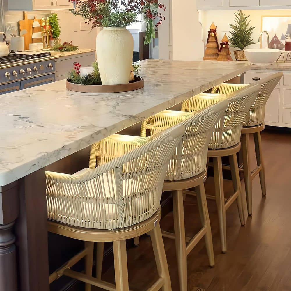 Modern Aluminum Rattan Counter Height Outdoor Bar Stool with Back and Beige Cushion (4-Pack)