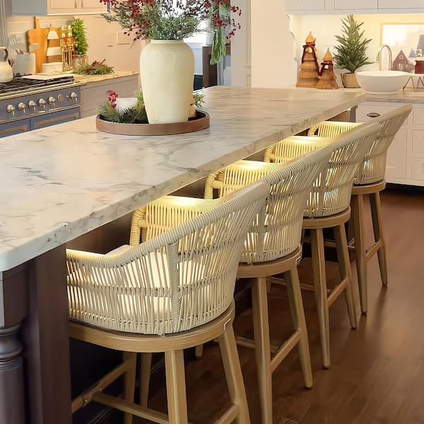 Modern Aluminum Rattan Counter Height Outdoor Bar Stool with Back and Beige Cushion (4-Pack)