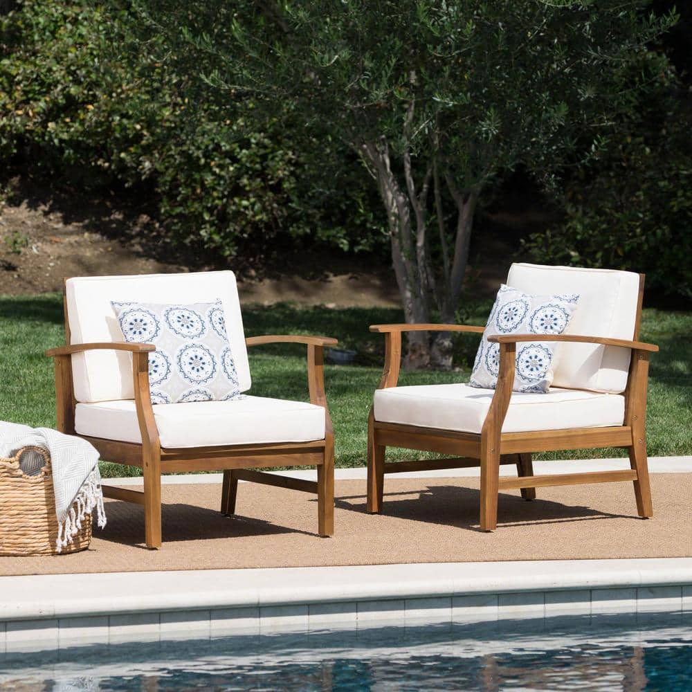Teak Finish Acacia Wood Outdoor Patio Lounge Chairs with Cream Cushion (2-Pack) price history on PriceWatchPro
