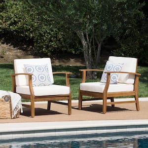 Teak Finish Wood Outdoor Lounge Chairs with Cream Cushion (2-Pack)