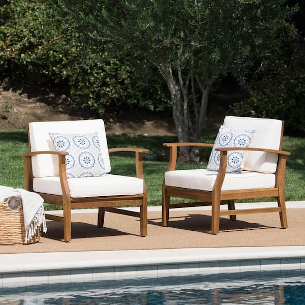 Noble House Teak Finish Wood Outdoor Lounge Chairs with Cream Cushion (2-Pack)