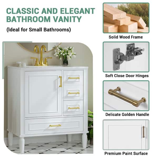 30 in. Single Sink White Bath Vanity with White Ceramic Top Requires Assembly