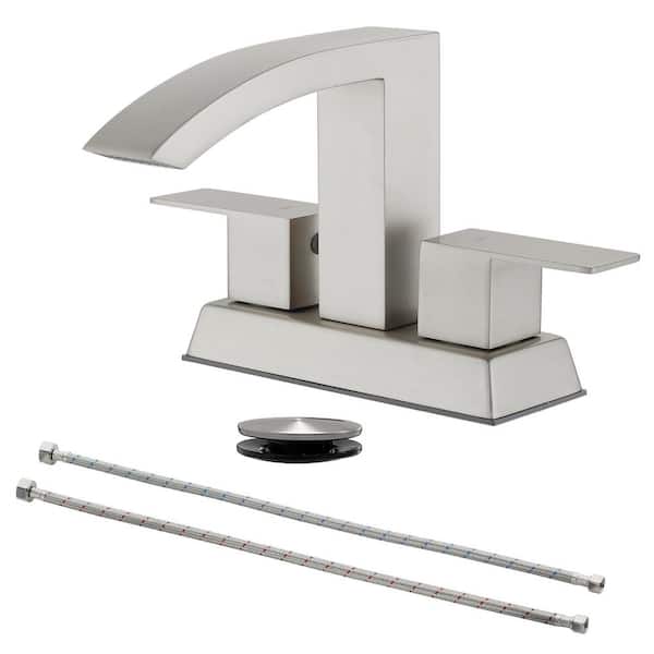 Miscool Ami 4 in. Centerset Double Handle Mid Arc Bathroom Faucet with Drain Kit Included in Brushed Nickel
