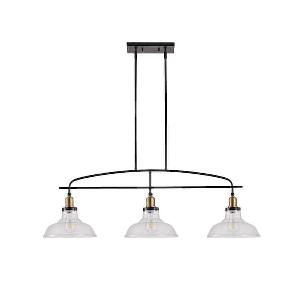 Industrial 3-Light Black Metal Frame Pendant Chandelier with Clear Glass Shades for Kitchen (No Bulb Included)