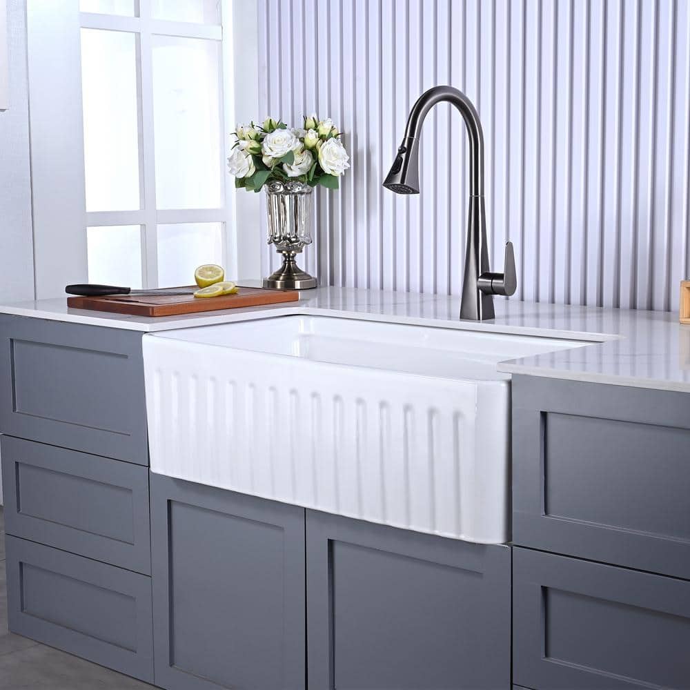 Glossy White Ceramic Farmhouse Apron-Front Kitchen Sink with Accessories