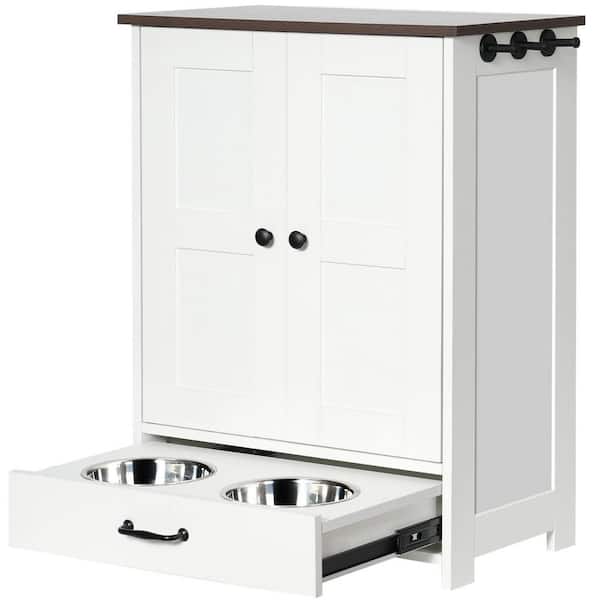 Tatayosi Dog Feeding Station, Dog Food Storage Cabinet with Hidden Dog Bowls, Hooks, for Medium Sized Dogs, White