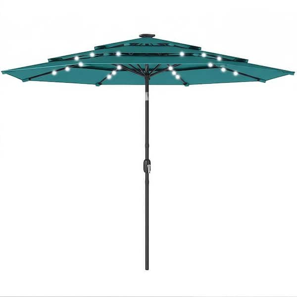 9.7 ft Outdoor Patio Umbrella in Teal with Solar LED Lights, 3-Tier Outdoor Table Umbrella with Tilt, Crank