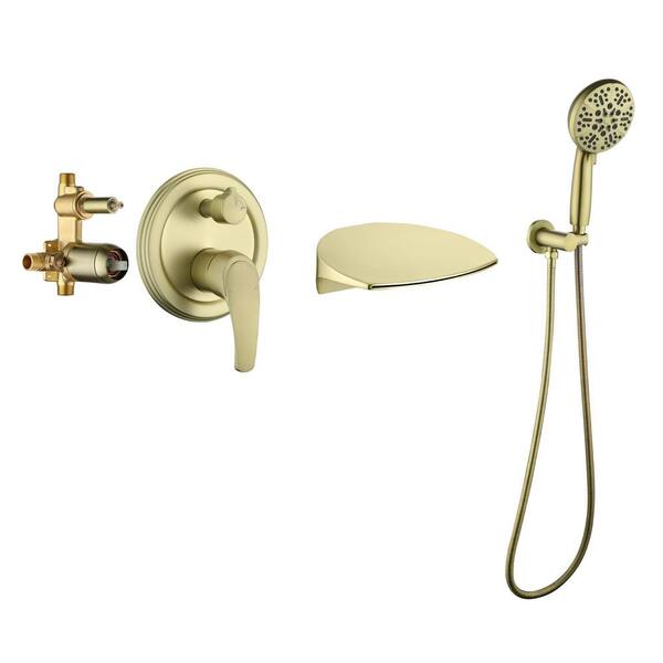 Flg Single Handle Waterfall Wall Mount Roman Tub Faucet With Hand Shower In Brushed Gold Ss 0147 2845