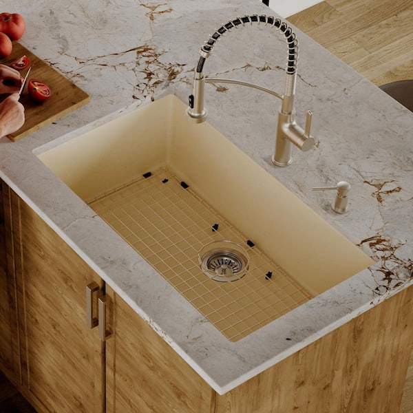 32.5 in. Large Single Bowl Undermount Kitchen Sink in Bisque with Bottom Grid and Strainer