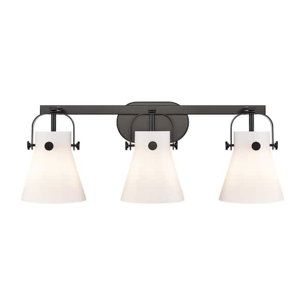 Innovations Pilaster II Cone 26.5 in. 3-Light Matte Black Vanity Light with Glass Shade