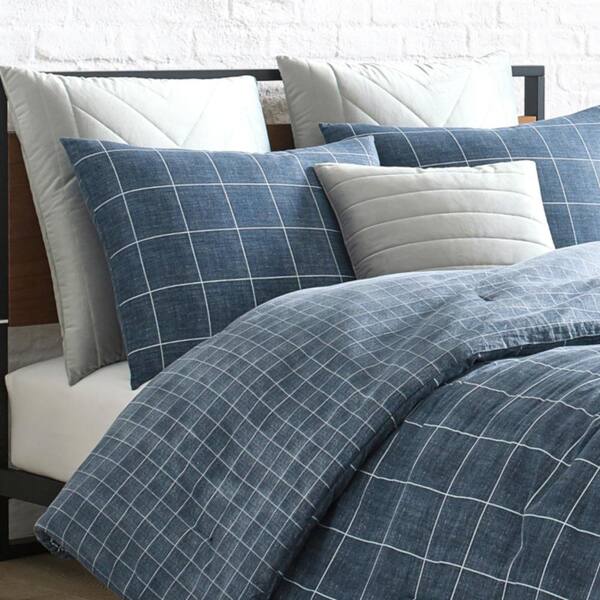 Holden Grid 3 Piece Blue Striped Cotton, Kenneth Cole Home Oxford Duvet Cover In Grey Striped