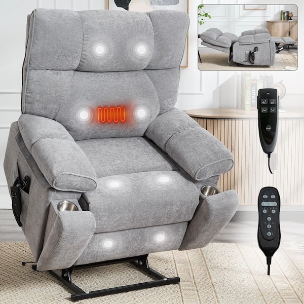J&E Home Gray Polyester Heat Massage Motor Power Lift Recliner Chair with USB Port and Hidden Cup Holders