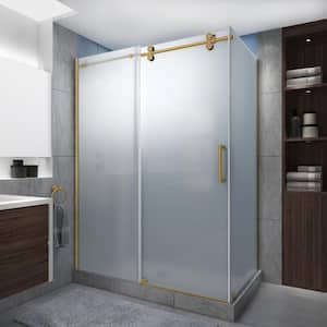 Langham XL 44-48 in. x 30 in. x 80 in. Sliding Frameless Shower Enclosure Ultra-Bright Frosted Glass in Brushed Gold