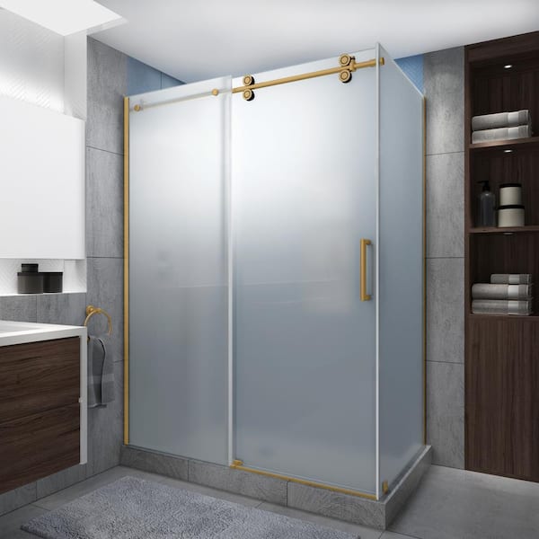 Aston Langham XL 68-72 in. x 38 in. x 80 in. Sliding Frameless Shower Enclosure Ultra-Bright Frosted Glass in Brushed Gold