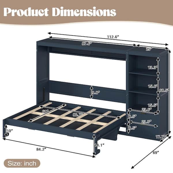 Harper & Bright Designs Blue Wood Frame Queen Size Murphy Bed with ...