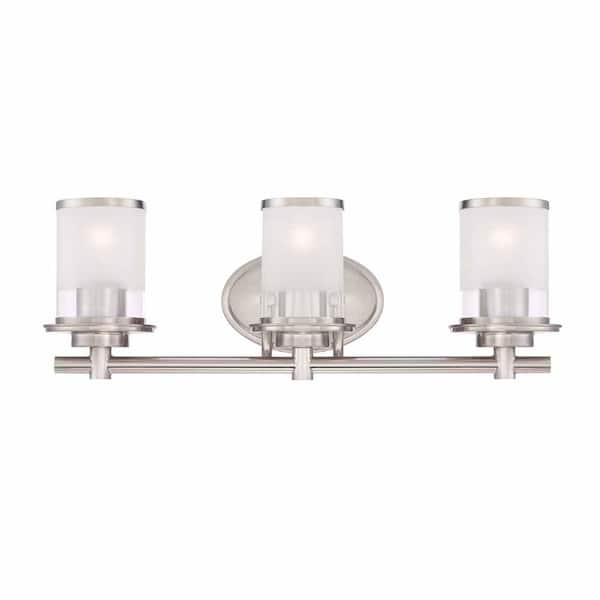 Hampton Bay Truitt 23.25 in. 3-Light Brushed Nickel Modern Transitional Vanity with Frosted and Clear Edge Glass Shades