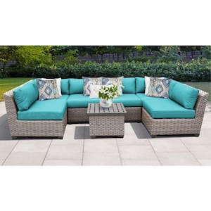 Florence 7-Piece Wicker Outdoor Patio Conversation Sectional Seating Group with Aruba Blue Cushions
