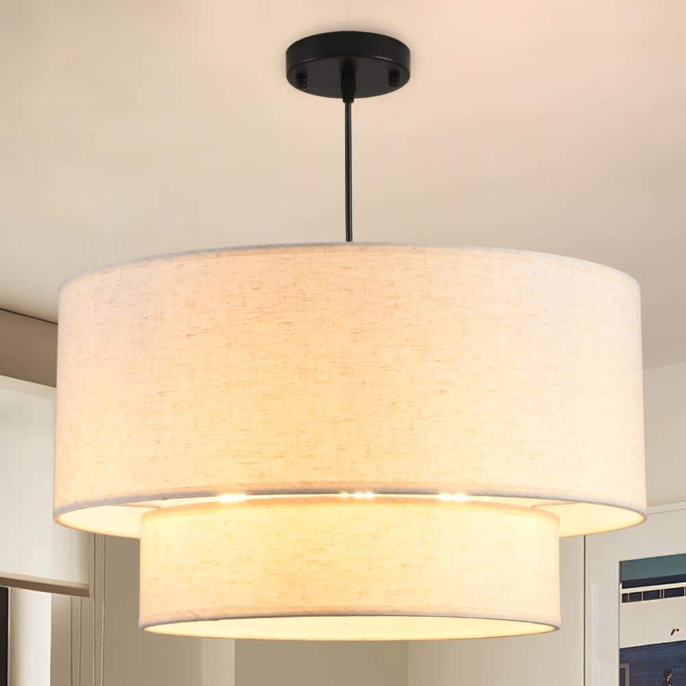 Modern 20 in. 3-Light Black Tiered Drum Pendant Chandelier with Beige Linen Shade price history on PriceWatchPro