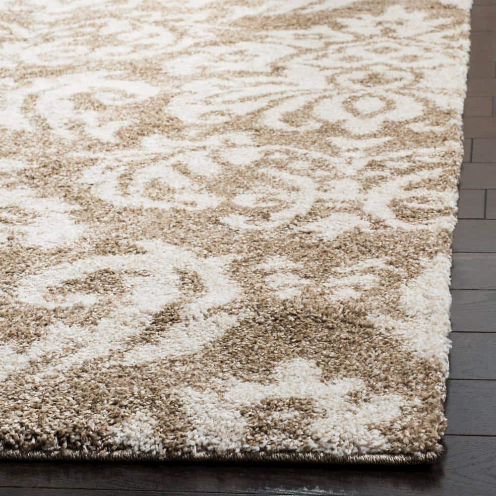 Beige and Cream Floral Shag Synthetic Area Rug