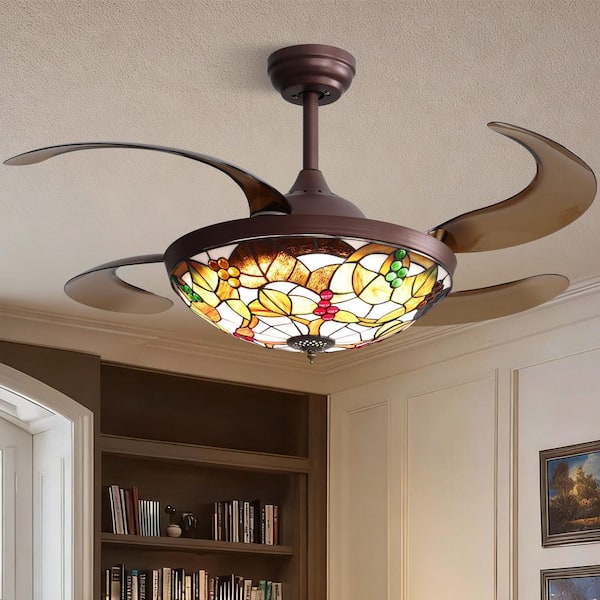 48 in. Smart Indoor Brown Retractable Ceiling Fan with Integrated LED Light and Remote APP Tiffany Glass Shade
