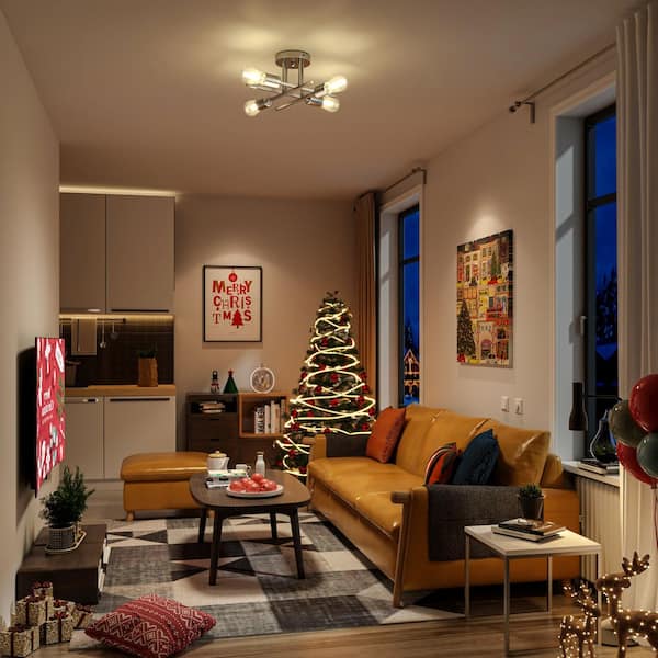 TOZING 16 in. 4-Light Modern Sputnik Linear Nickel Metal Industrial Farmhouse Semi- Flush Mount Ceiling Lights Chandelier Light