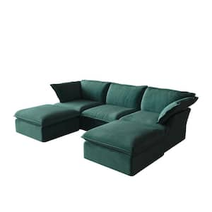 123 in. Modern Rounded Arm 5-Piece Velvet U Shaped Reversible Sectional Sofa in Green with Pillows and Ottomans