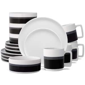 ColorStax Stripe Black 16-Piece Stax (Black) Porcelain Dinnerware Set, Service for 4