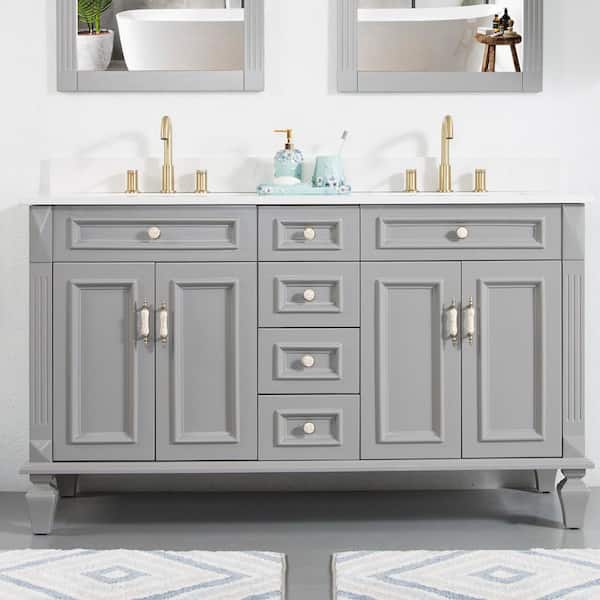 ANGELES HOME 60 in. Solid Wood Bathroom Vanity With Double Sinks and 4 Drawers, Soft-Close Doors, Carrara White Quartz Top, Gray