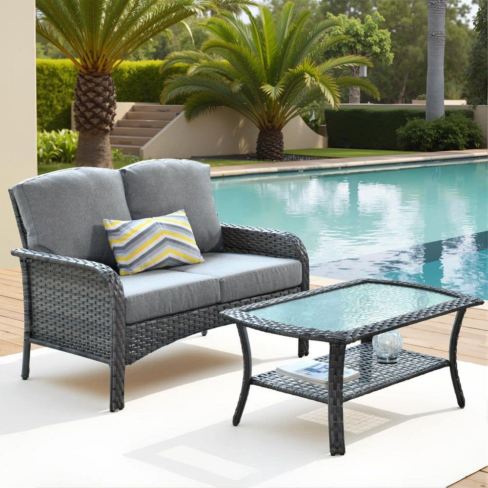 Gray Wicker 2-Piece Outdoor Loveseat Patio Loveseat Set with Dark Gray Cushions and Glass Coffee Table for Small Space price history on PriceWatchPro