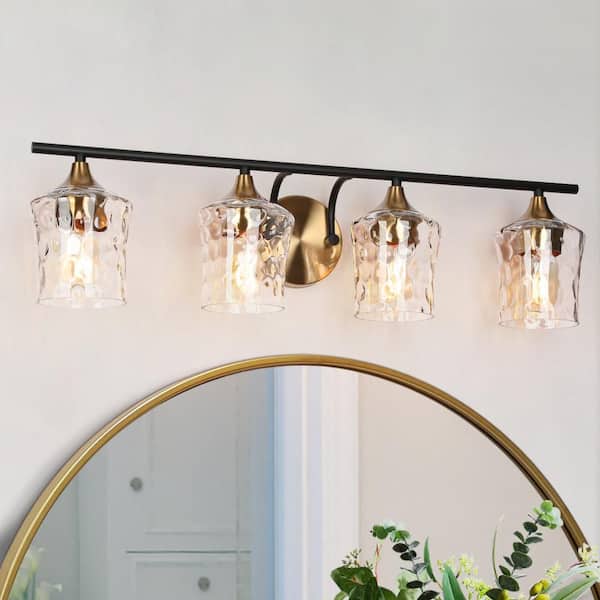 Modern Black Wall Sconce Lighting, Transitional 28 in. 4-Light Brass Gold Bathroom Vanity Light with Water Glass Shades