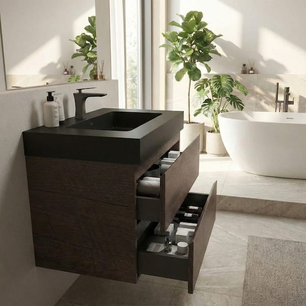 Alice 30.00 in. W x 18.10 in. D x 25.20 in. H Wall Mounting Bath Vanity in Rose Wood with Black Top
