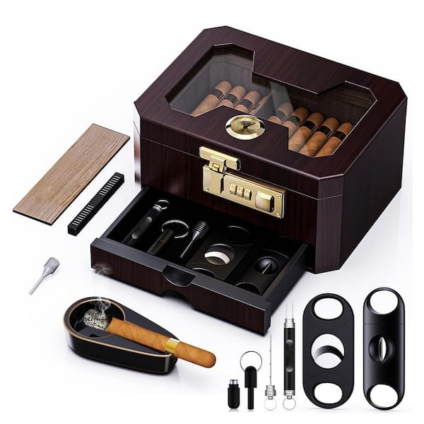 9.45 in. W x 4.72 in. H Cedar Wood Cigar Humidor w/Glass Top, Combination Lock, Hygrometer&Humidifier, Accessory Drawer