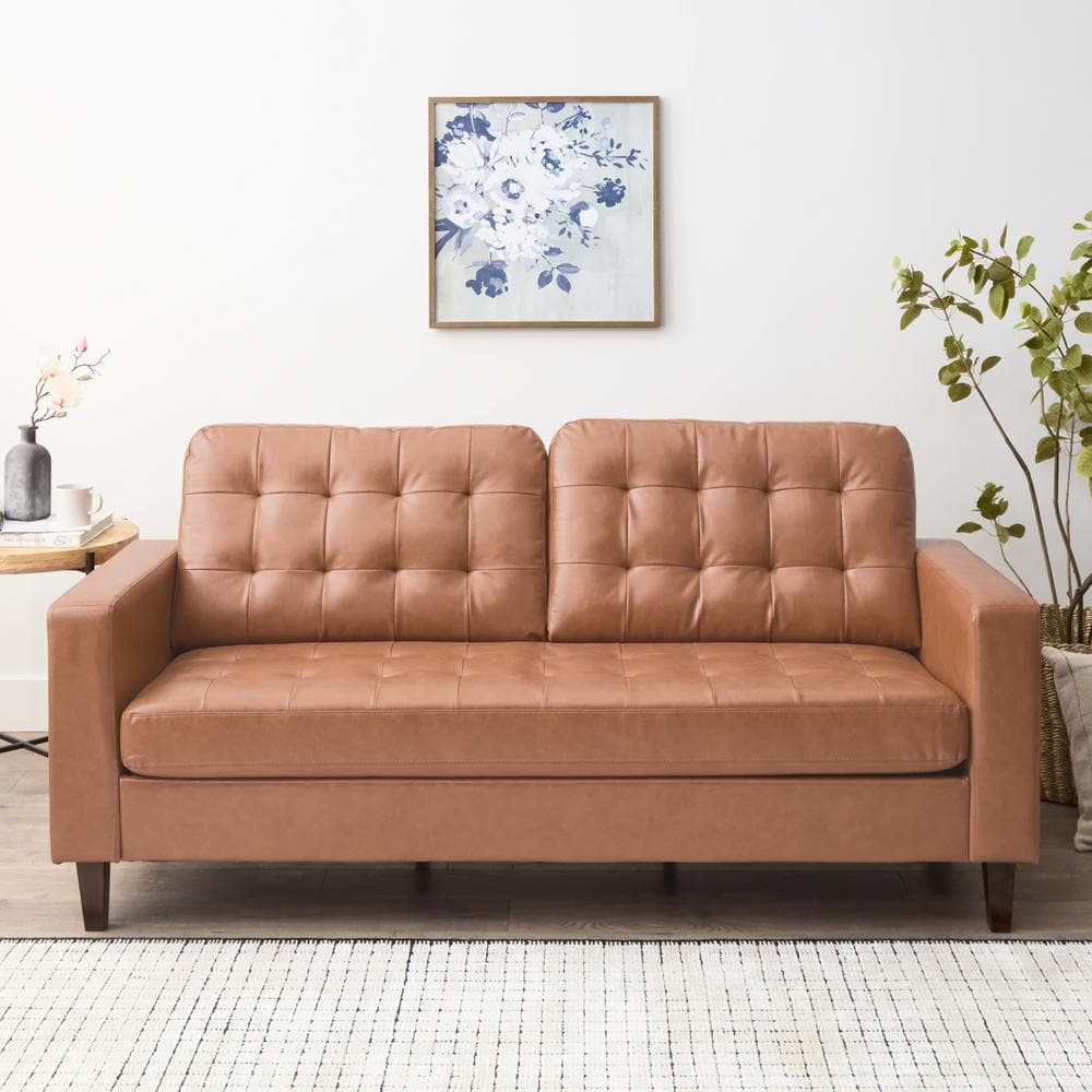 Brookside Brynn 76 in. Wide Square Arm Faux Leather Rectangle Sofa in ...