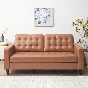 Brynn 76 in. Wide Square Arm Faux Leather Rectangle Sofa in Brown Faux Camel