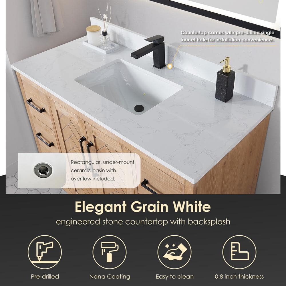 Anais 48" Light Brown Wood Vanity with White Stone Top and Mirror