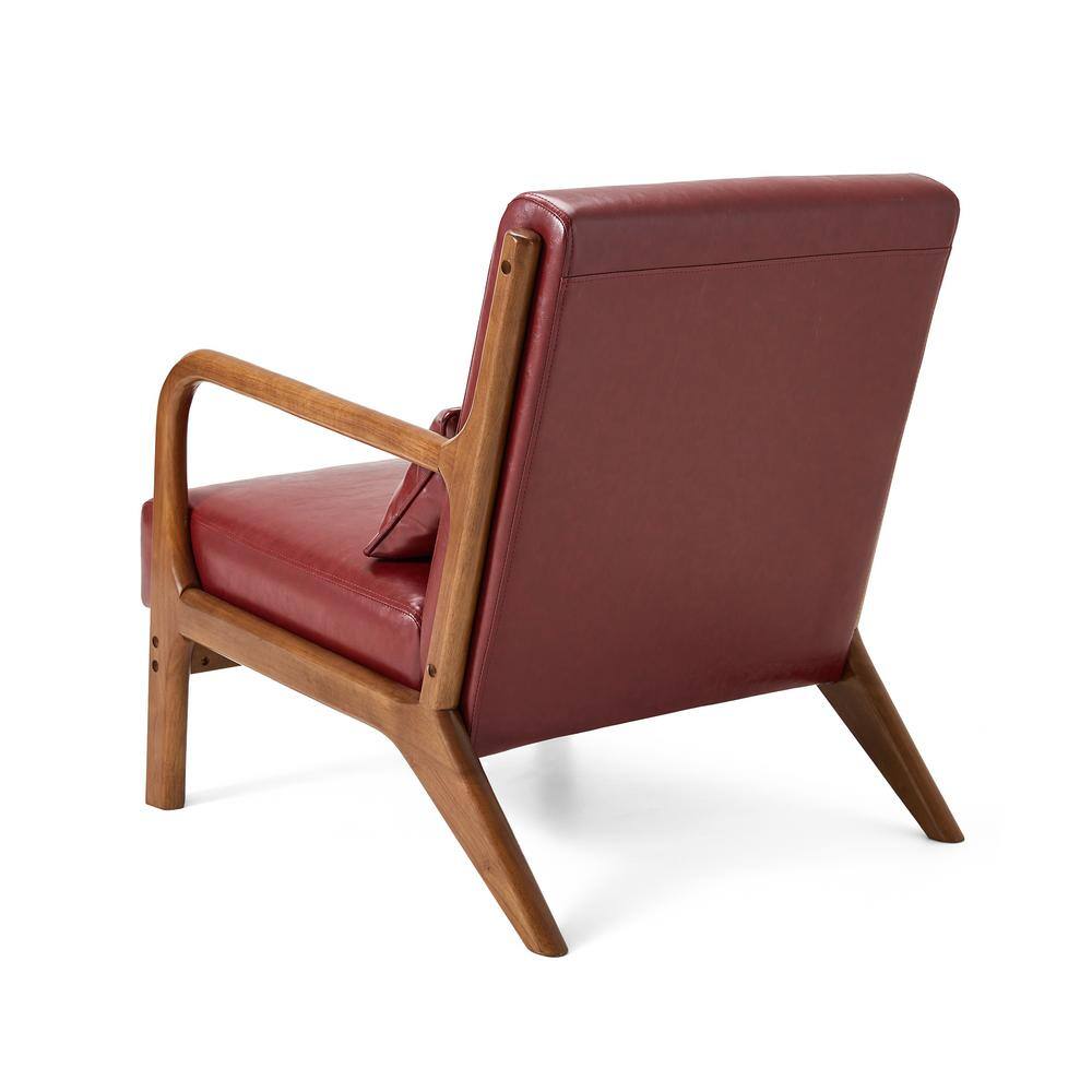 Burgundy Faux Leather Barrel Accent Chair with Wood Frame