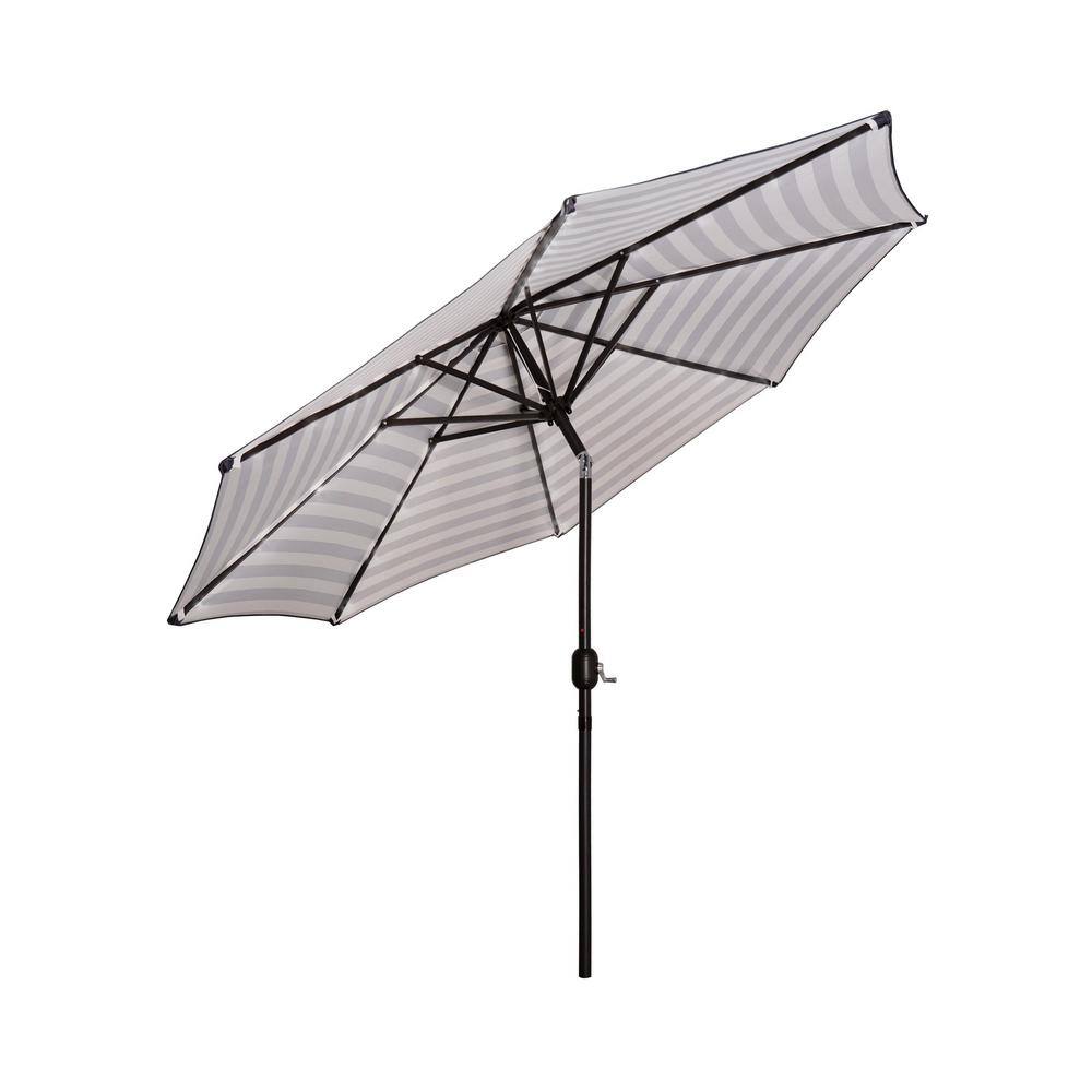 Chroma 9 Ft Gray and White Stripe Patio Umbrella with Dark Brown Steel Frame