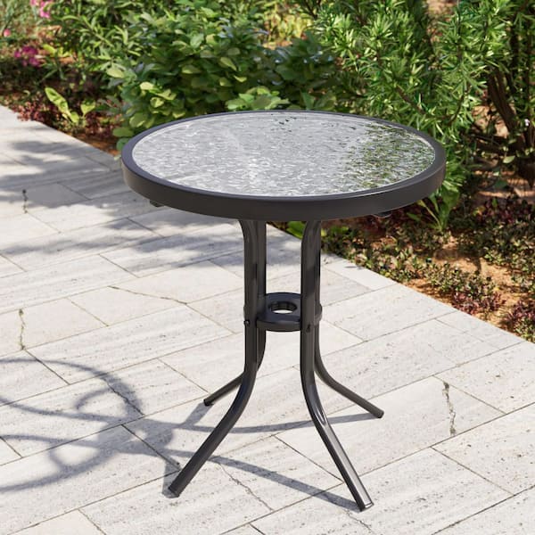 JOYESERY Round Metal Outdoor Side Table with Water Rippled Glass and Powder-coated Steel Frame