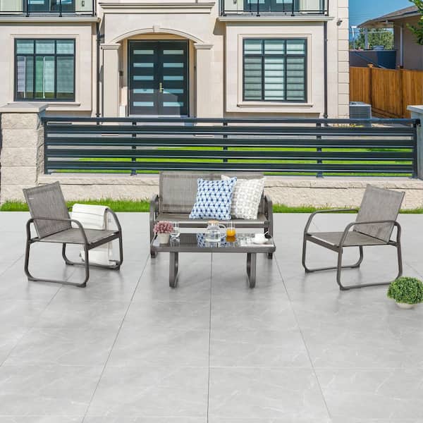 TOP SPACE Gray 4-Piece Metal Sling Patio Conversation Seating Set